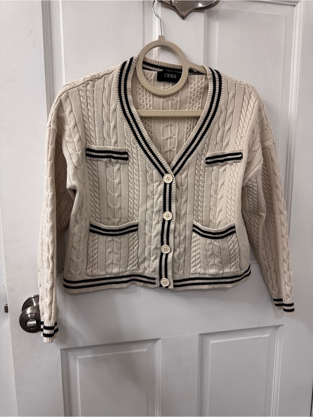 Cider Cream Cable Knit Cardigan with Black Trim - Picture 2 of 7